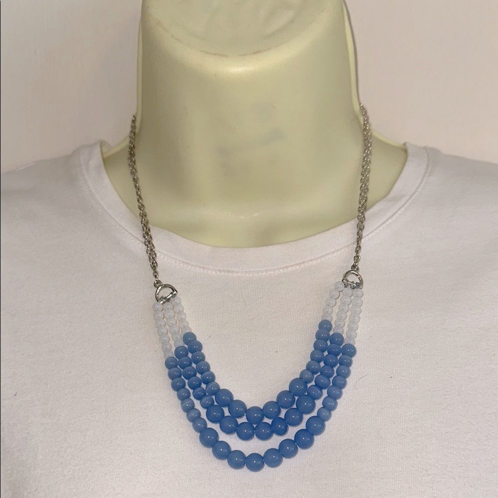 Light Blue Stone & Silver Tone Beaded Triple‎ Strand Necklace
